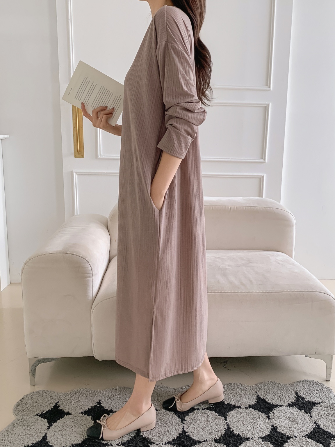 ラウンドネックリンクルボクシールーズ長袖ワンピース | 詳細画像11