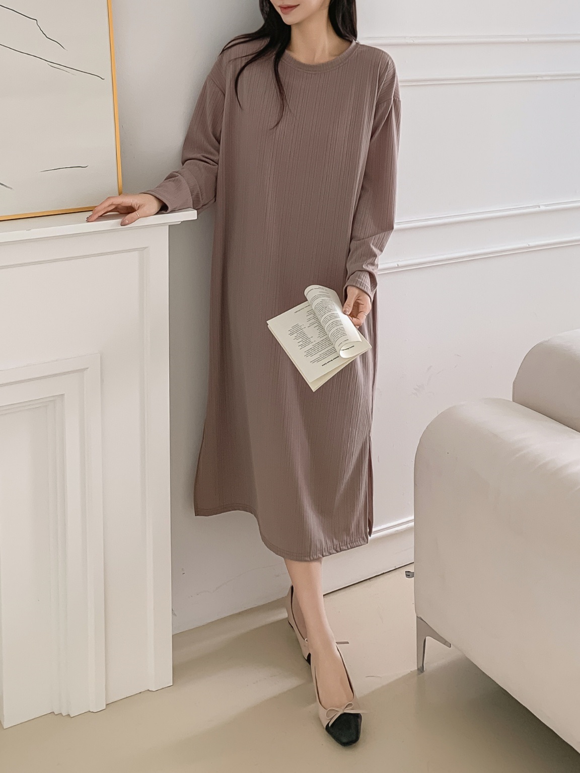 ラウンドネックリンクルボクシールーズ長袖ワンピース | 詳細画像12