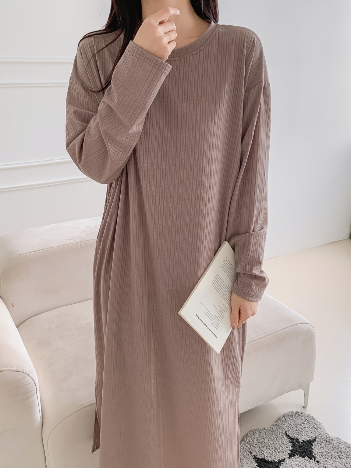 ラウンドネックリンクルボクシールーズ長袖ワンピース | 詳細画像13