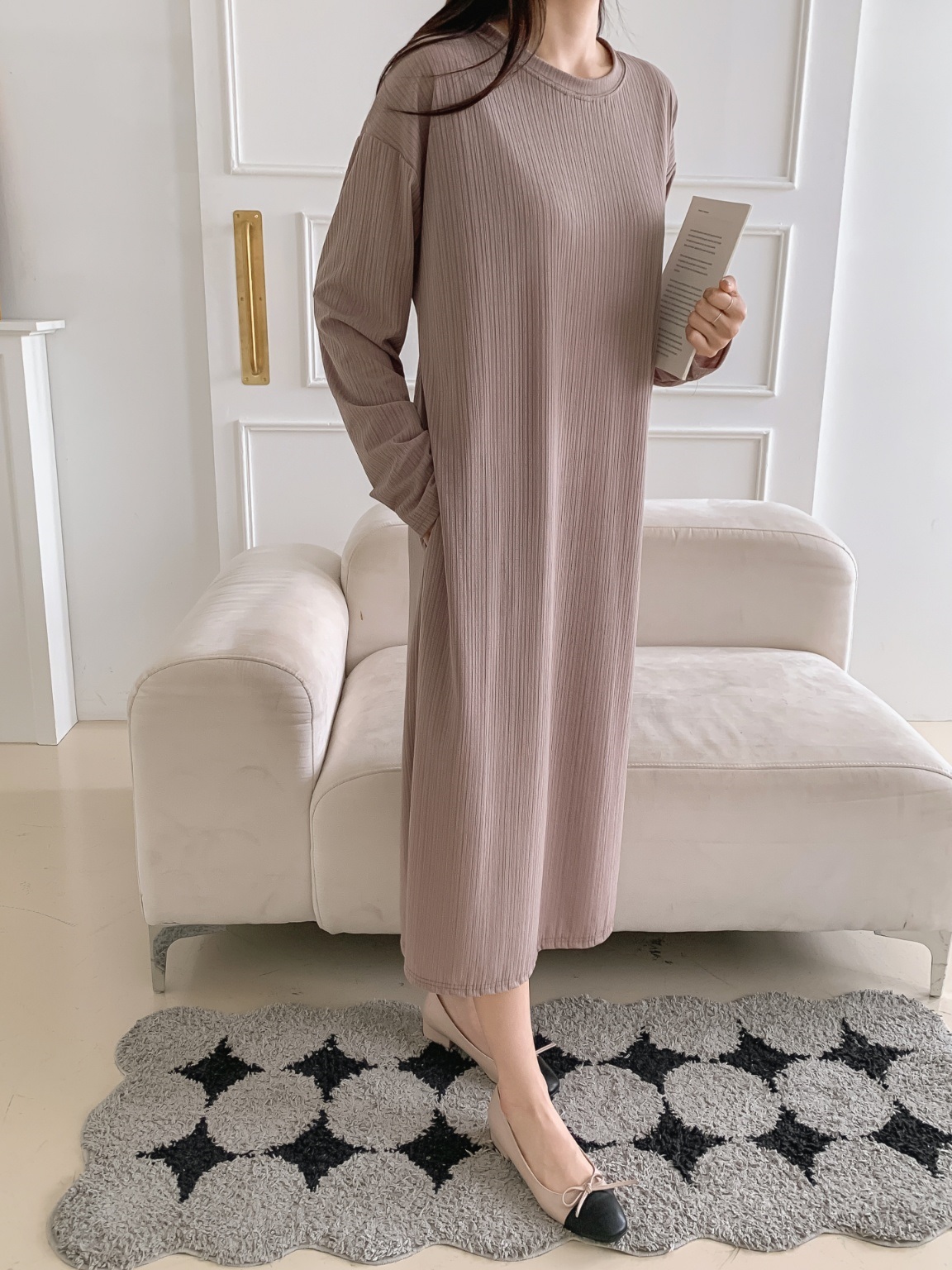 ラウンドネックリンクルボクシールーズ長袖ワンピース | 詳細画像14