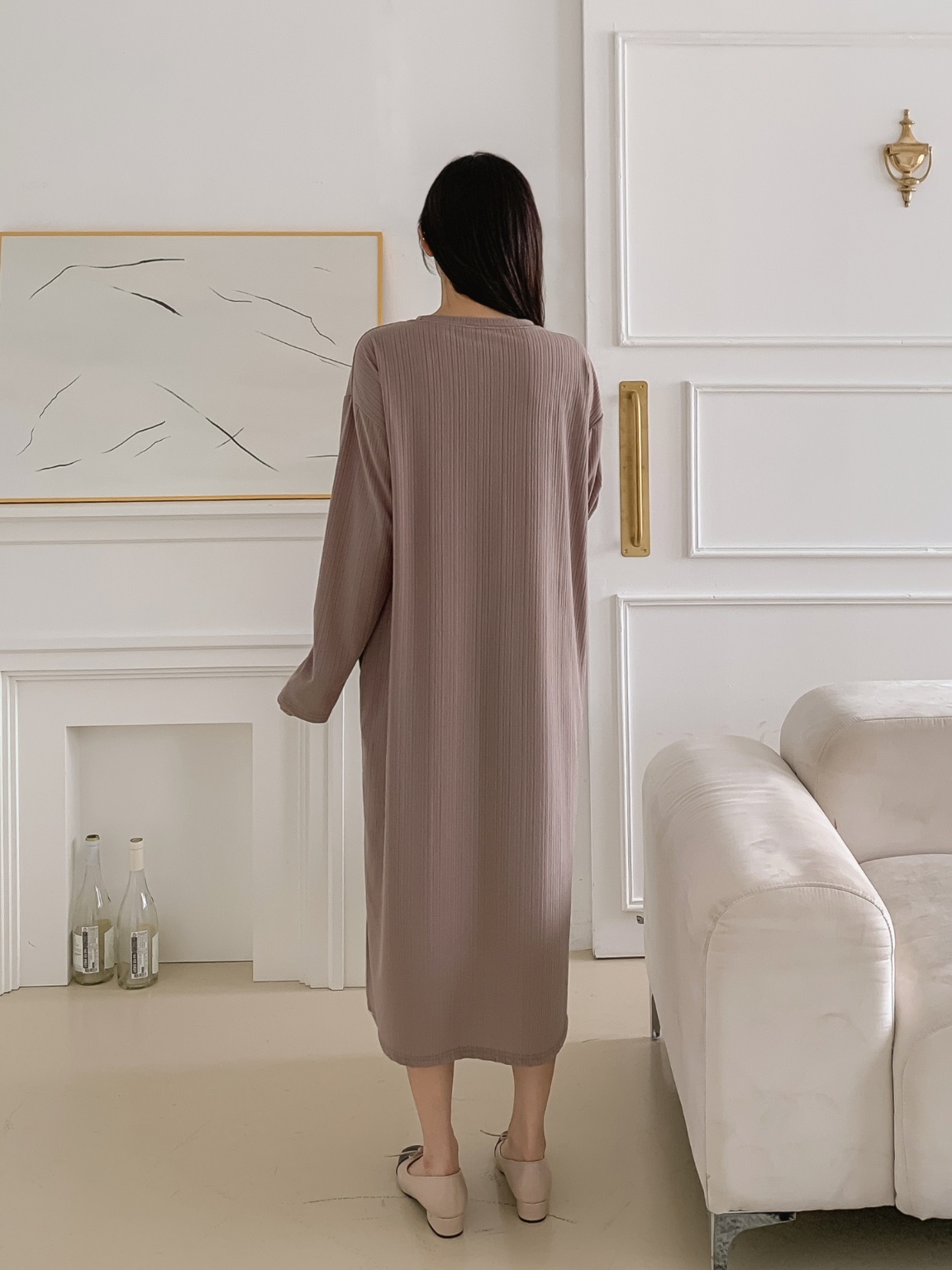 ラウンドネックリンクルボクシールーズ長袖ワンピース | 詳細画像17