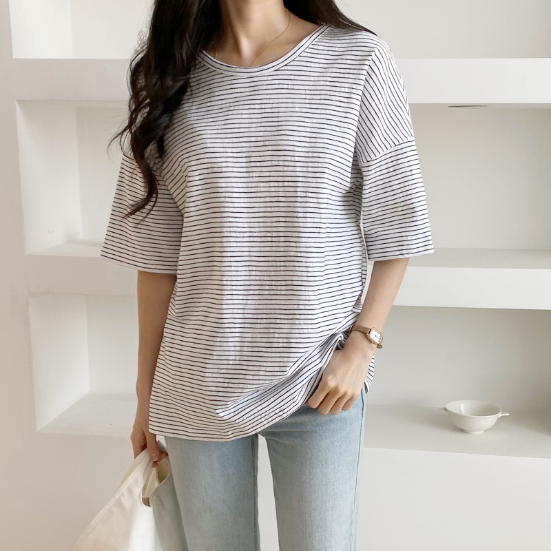 ラウンドネックベーシックルーズ半袖ボーダー配色Tシャツ | 詳細画像2