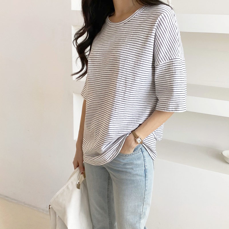 ラウンドネックベーシックルーズ半袖ボーダー配色Tシャツ | 詳細画像3