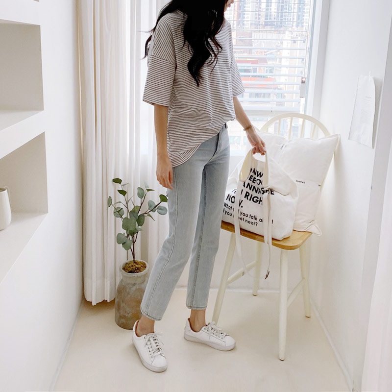 ラウンドネックベーシックルーズ半袖ボーダー配色Tシャツ | 詳細画像6