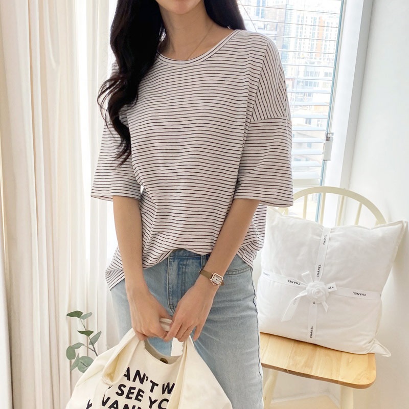 ラウンドネックベーシックルーズ半袖ボーダー配色Tシャツ | 詳細画像7