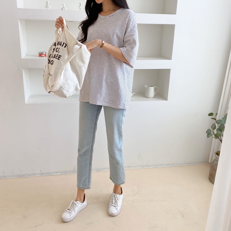 ラウンドネックベーシックルーズ半袖ボーダー配色Tシャツ | 詳細画像9