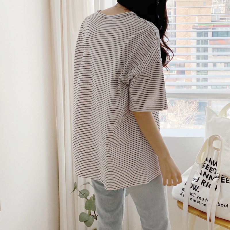 ラウンドネックベーシックルーズ半袖ボーダー配色Tシャツ | 詳細画像10