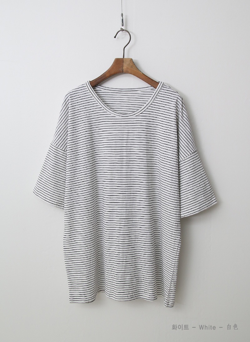 ラウンドネックベーシックルーズ半袖ボーダー配色Tシャツ | 詳細画像11