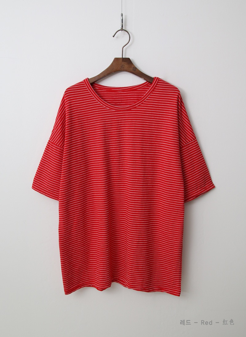 ラウンドネックベーシックルーズ半袖ボーダー配色Tシャツ | 詳細画像12