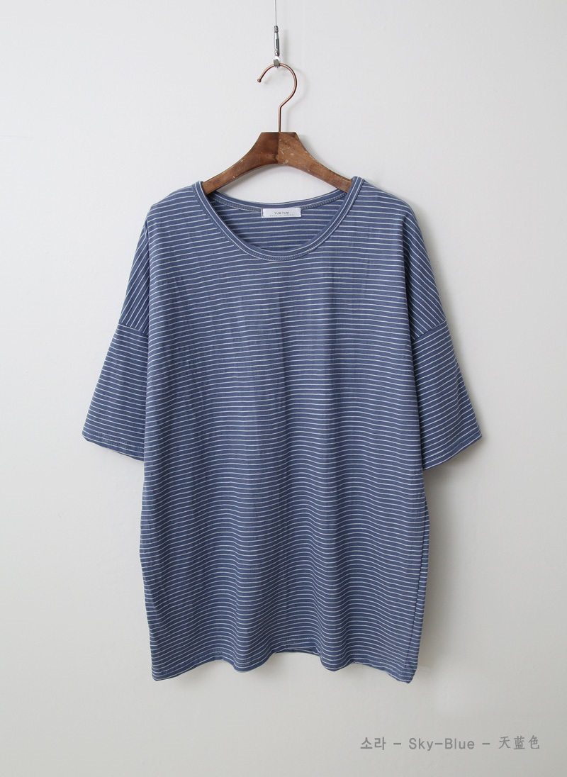 ラウンドネックベーシックルーズ半袖ボーダー配色Tシャツ | 詳細画像13