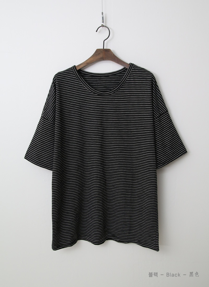 ラウンドネックベーシックルーズ半袖ボーダー配色Tシャツ | 詳細画像15