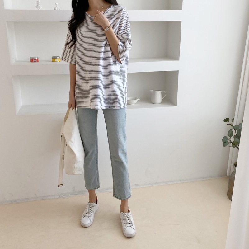 ラウンドネックベーシックルーズ半袖ボーダー配色Tシャツ | 詳細画像17