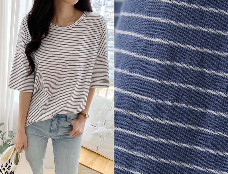 ラウンドネックベーシックルーズ半袖ボーダー配色Tシャツ | 詳細画像22