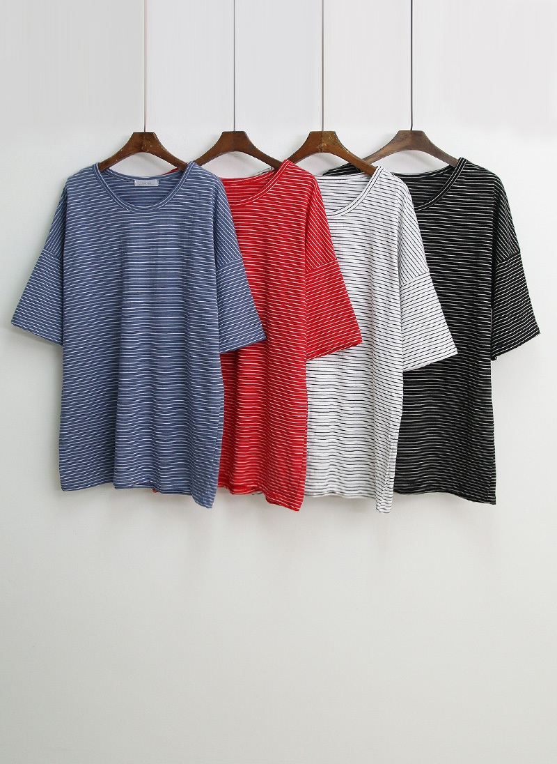 ラウンドネックベーシックルーズ半袖ボーダー配色Tシャツ | 詳細画像23