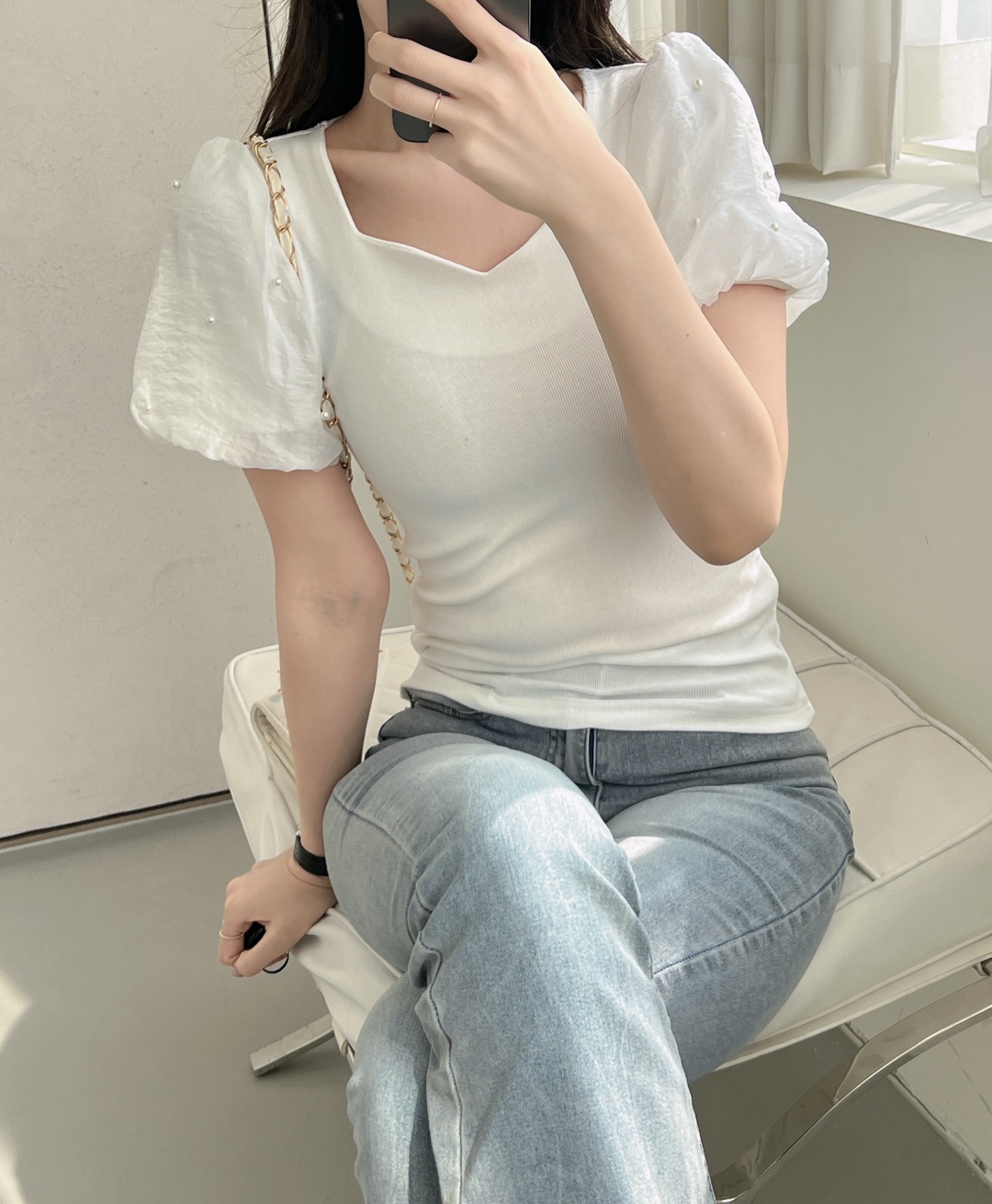 コンビエコパールVネックパール調ボタンベーシックパフスリーブ半袖Tシャツ | 詳細画像2