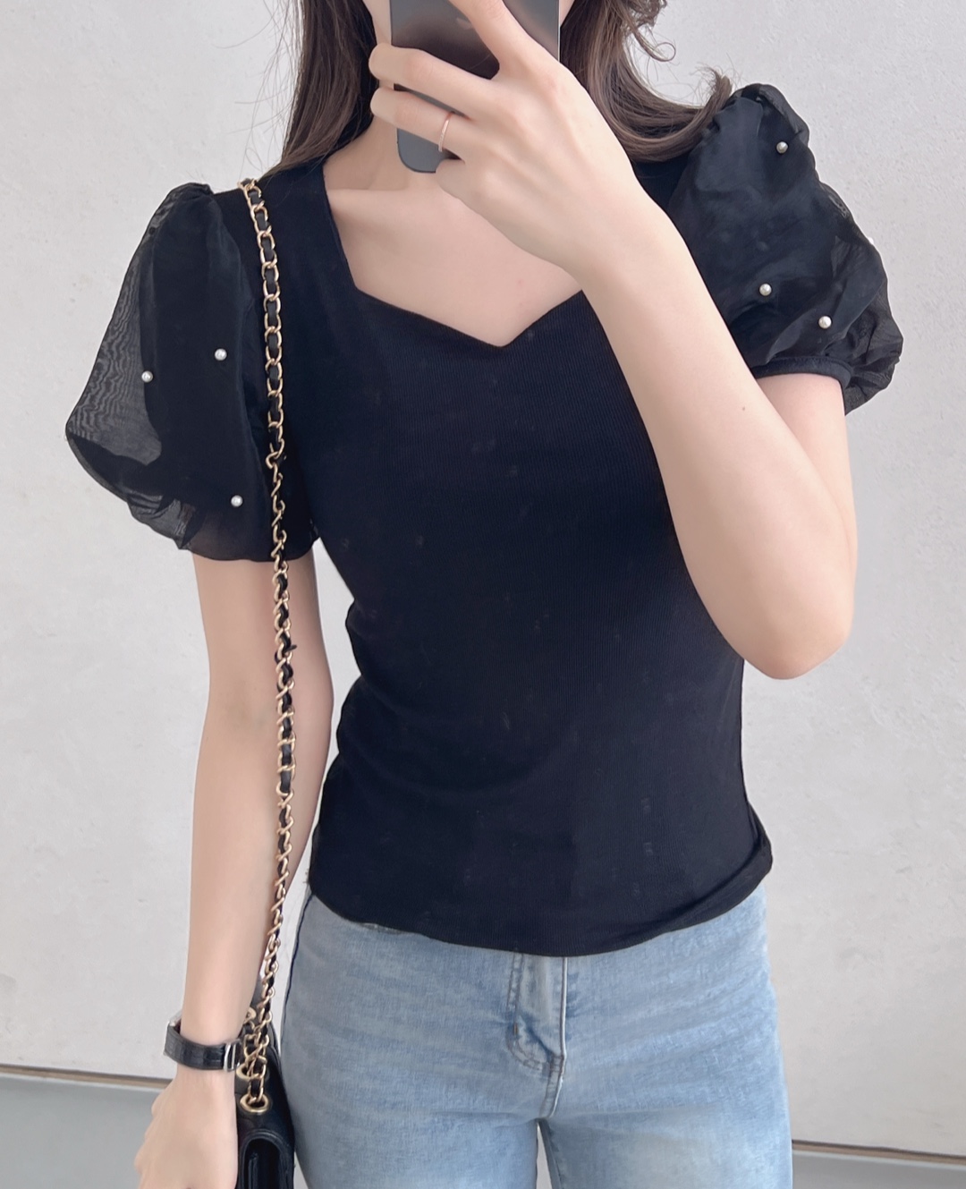 コンビエコパールVネックパール調ボタンベーシックパフスリーブ半袖Tシャツ | 詳細画像4