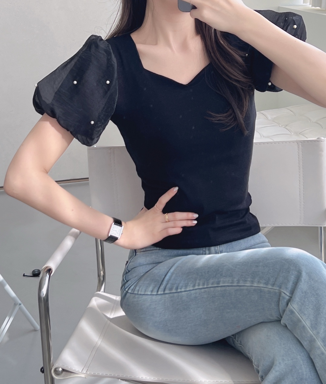 コンビエコパールVネックパール調ボタンベーシックパフスリーブ半袖Tシャツ | 詳細画像7