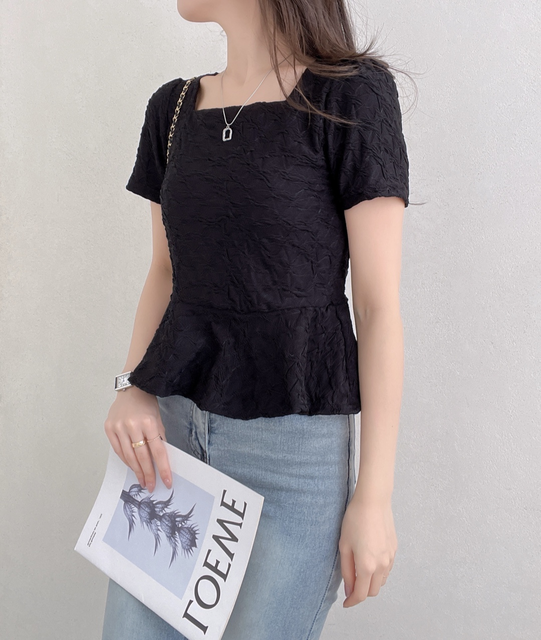 ラウンドネックスクエアネックフリルベーシック半袖Tシャツ | 詳細画像7