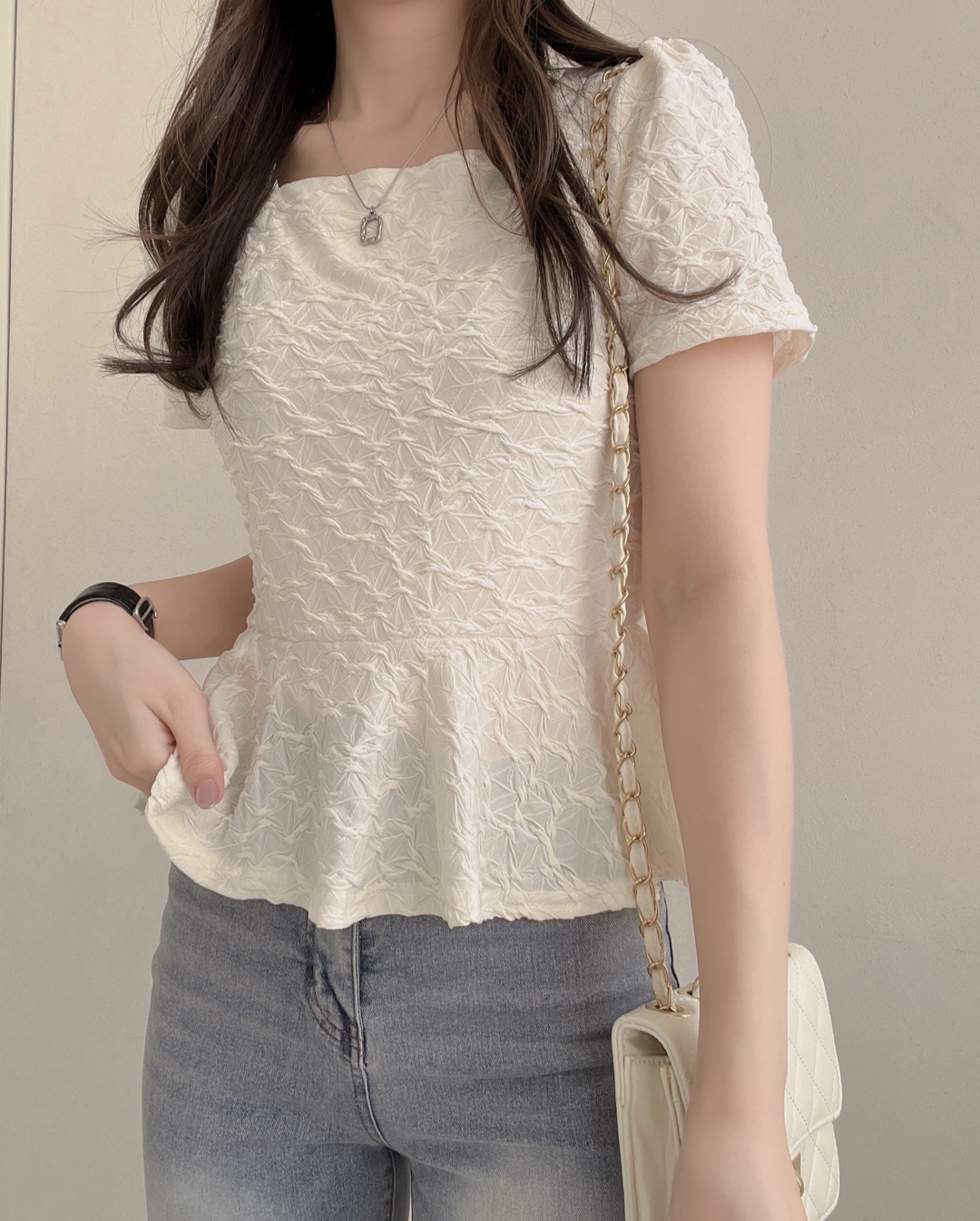 ラウンドネックスクエアネックフリルベーシック半袖Tシャツ | 詳細画像3