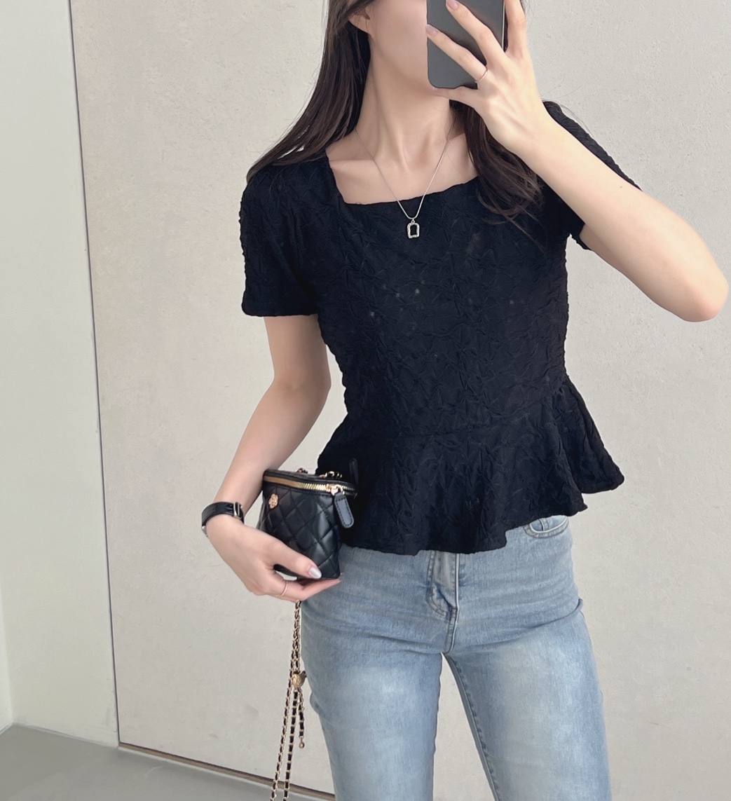 ラウンドネックスクエアネックフリルベーシック半袖Tシャツ | 詳細画像4