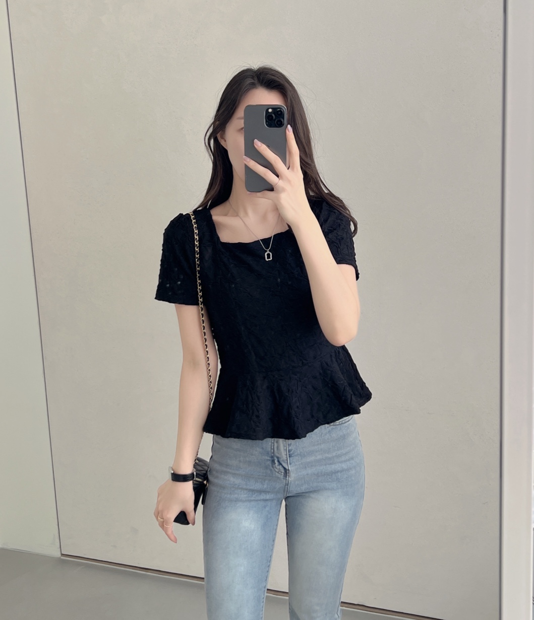 ラウンドネックスクエアネックフリルベーシック半袖Tシャツ | 詳細画像5