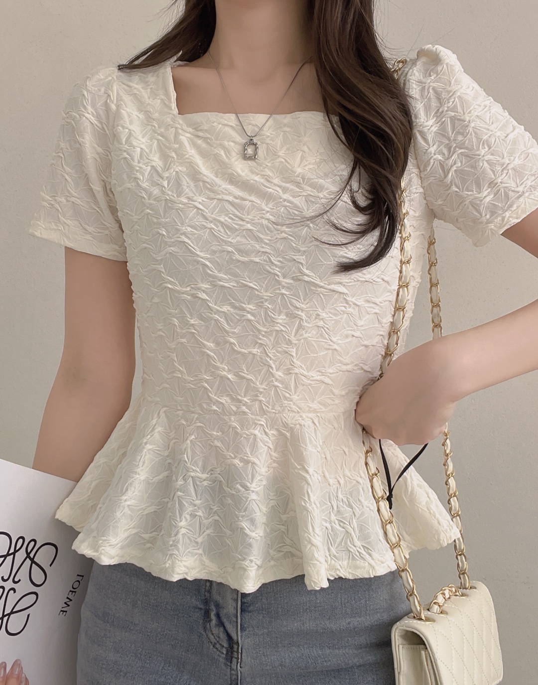 ラウンドネックスクエアネックフリルベーシック半袖Tシャツ | 詳細画像6