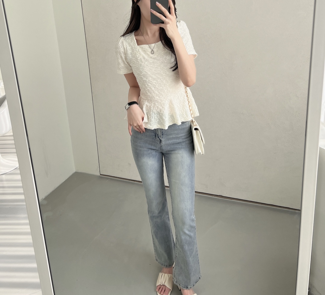 ラウンドネックスクエアネックフリルベーシック半袖Tシャツ | 詳細画像2