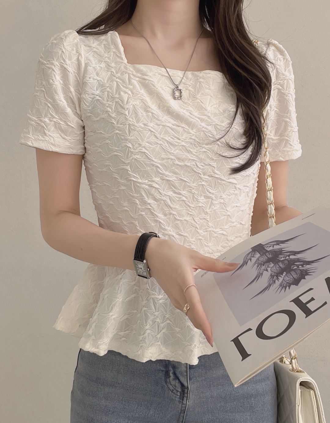 ラウンドネックスクエアネックフリルベーシック半袖Tシャツ | 詳細画像8