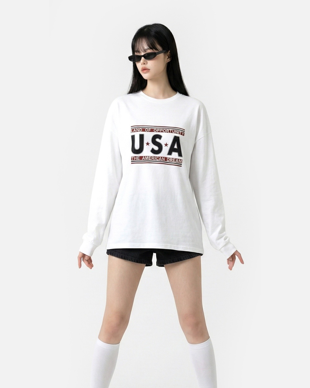 コットンラウンドネックオーバーサイズ長袖ビッグプリントTシャツ | 詳細画像4