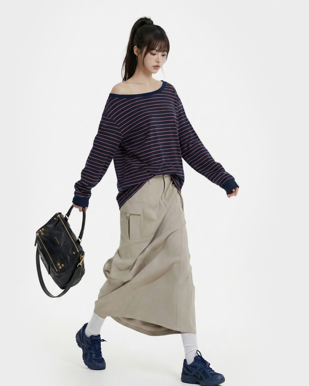 コットンボートネックワンショルダー長袖ボーダーTシャツ | 詳細画像3