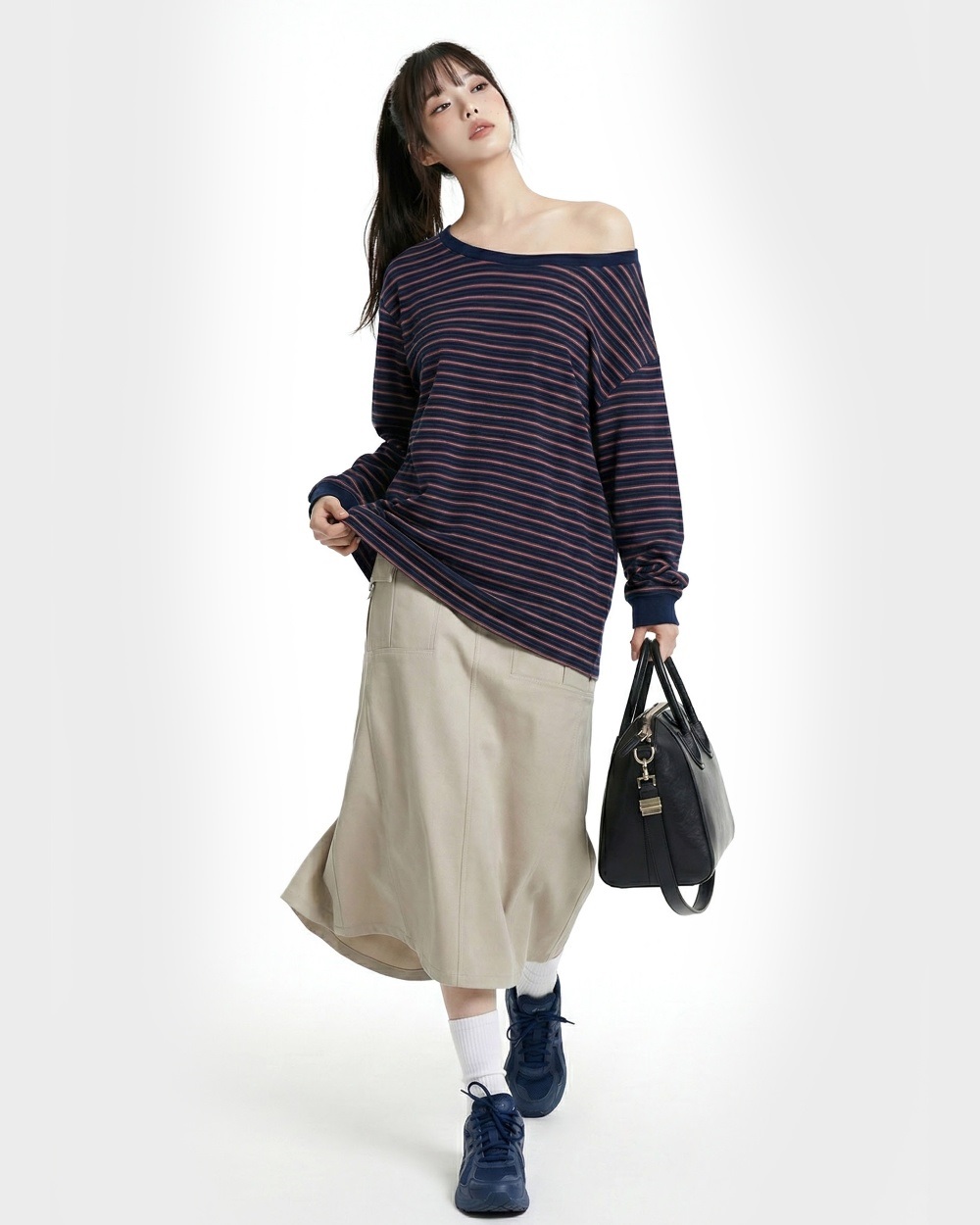 コットンボートネックワンショルダー長袖ボーダーTシャツ | 詳細画像4