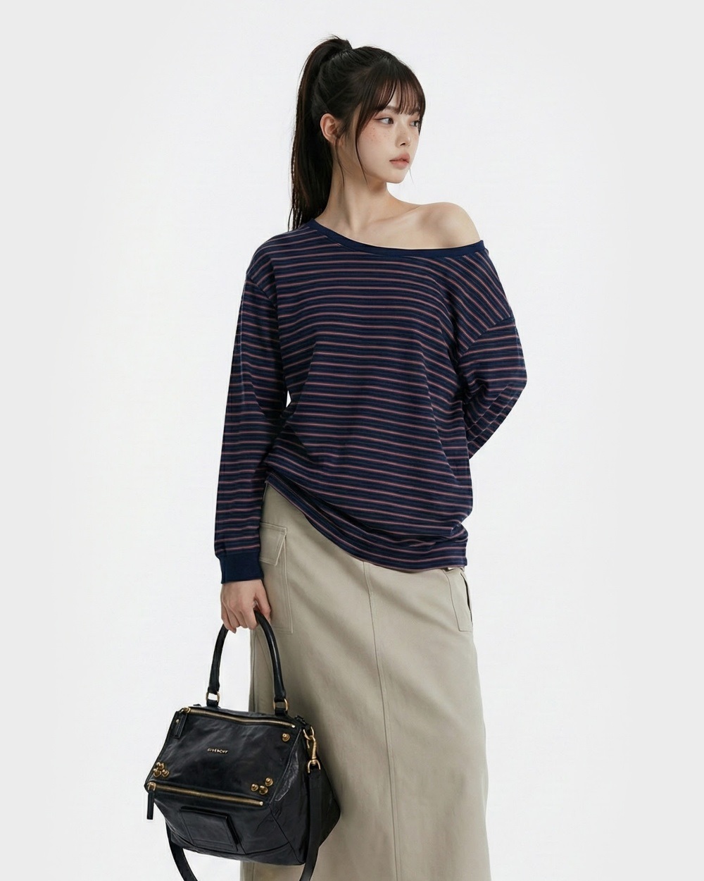 コットンボートネックワンショルダー長袖ボーダーTシャツ | 詳細画像5