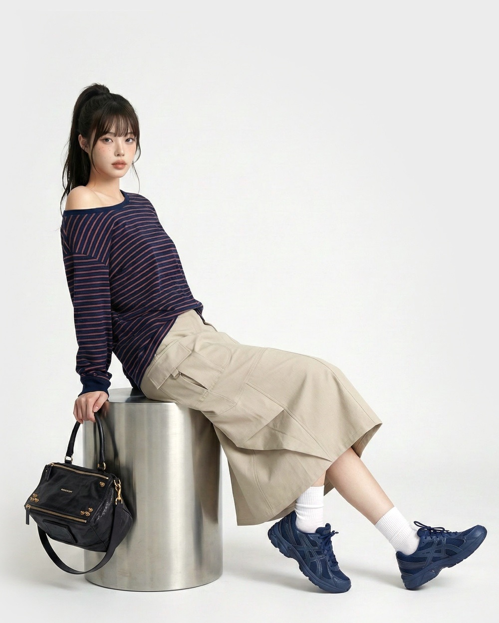 コットンボートネックワンショルダー長袖ボーダーTシャツ | 詳細画像6