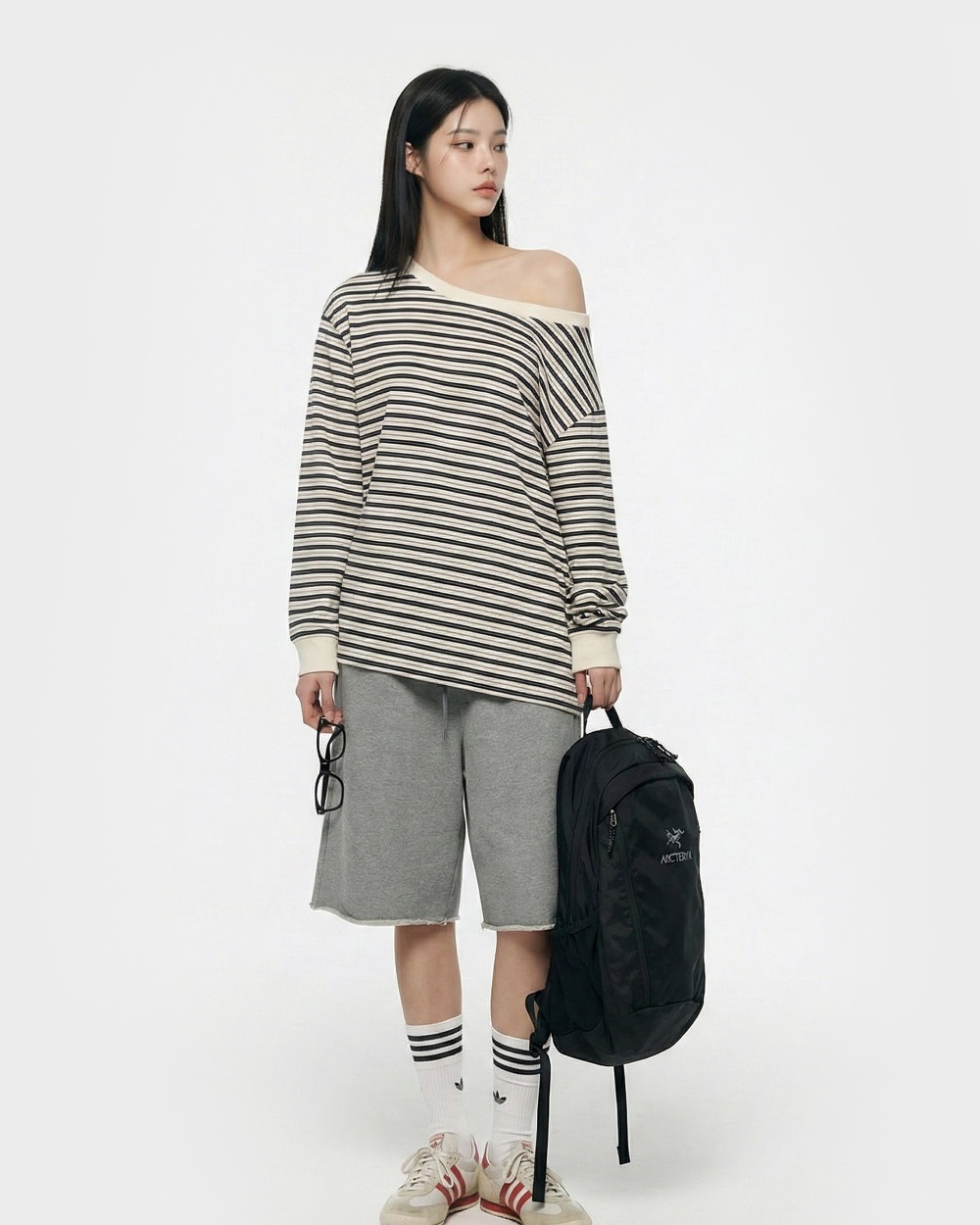 コットンボートネックワンショルダー長袖ボーダーTシャツ | 詳細画像9