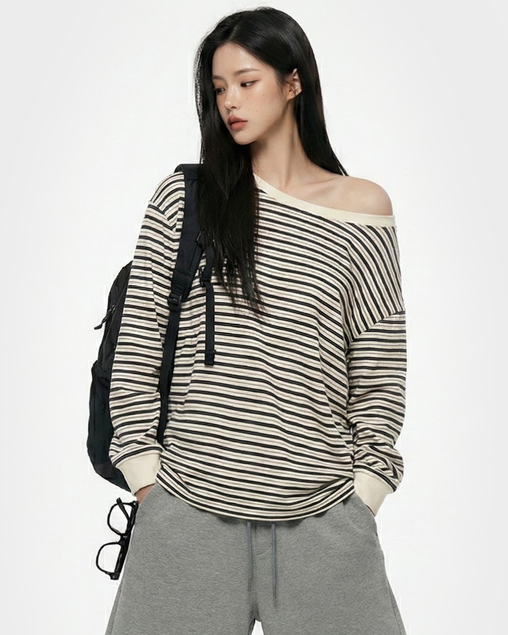 コットンボートネックワンショルダー長袖ボーダーTシャツ | 詳細画像10