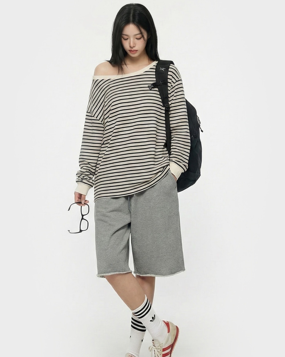 コットンボートネックワンショルダー長袖ボーダーTシャツ | 詳細画像11