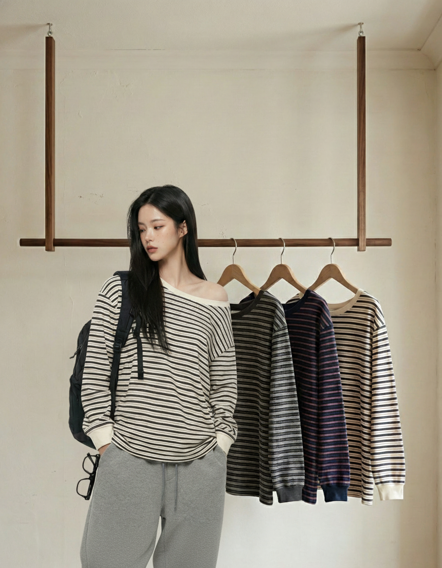 コットンボートネックワンショルダー長袖ボーダーTシャツ | 詳細画像16