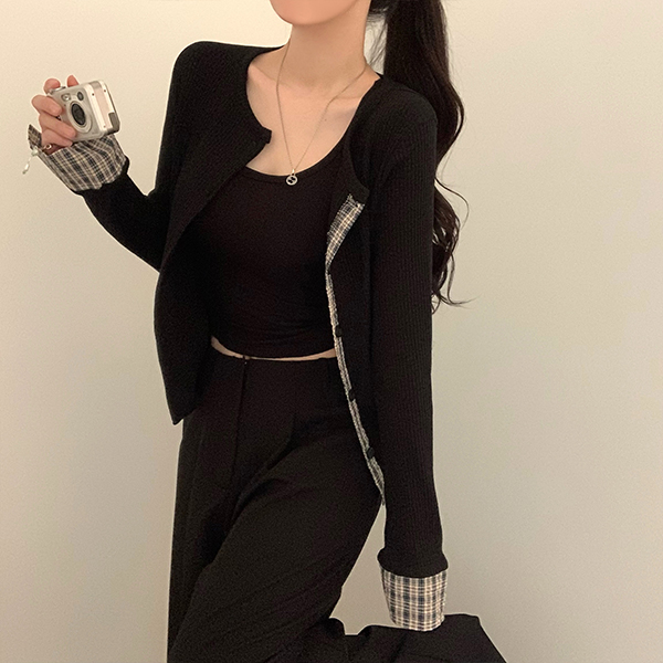 リブスリムラウンドネックチェック配色カーディガン | レディース