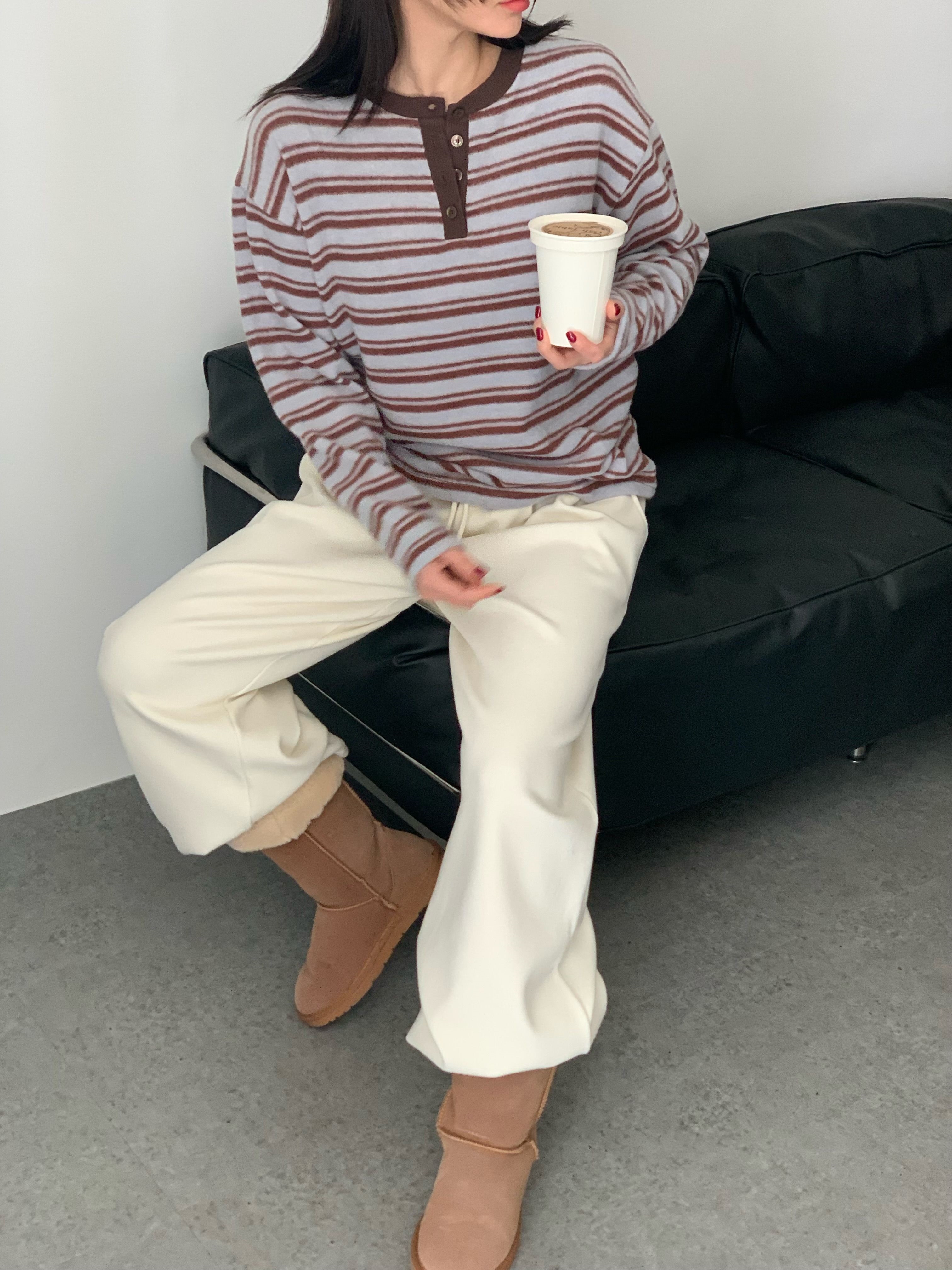 起毛ボタンラウンドネックルーズ長袖ボーダーTシャツ | 詳細画像2