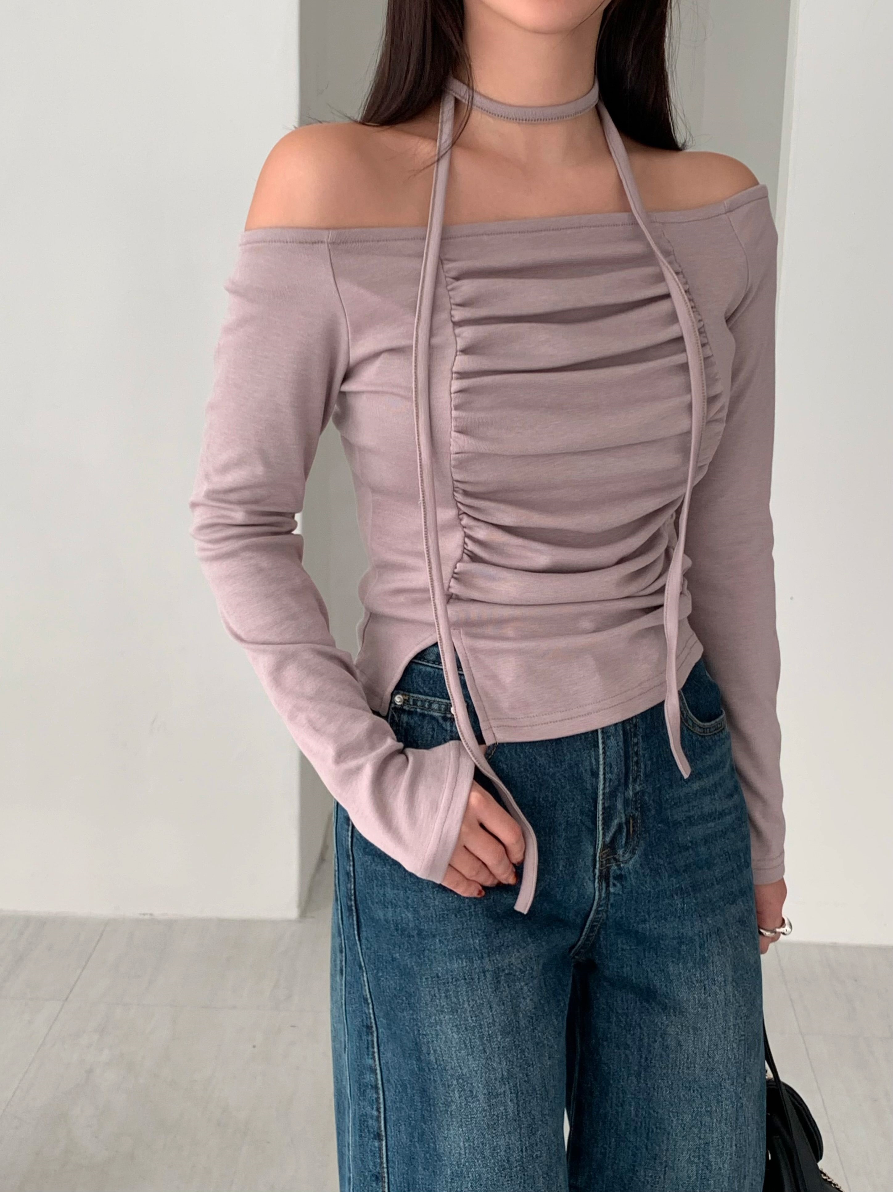 裏起毛オフショルダーシャーリングスリット長袖Tシャツストラップ付 | 詳細画像6