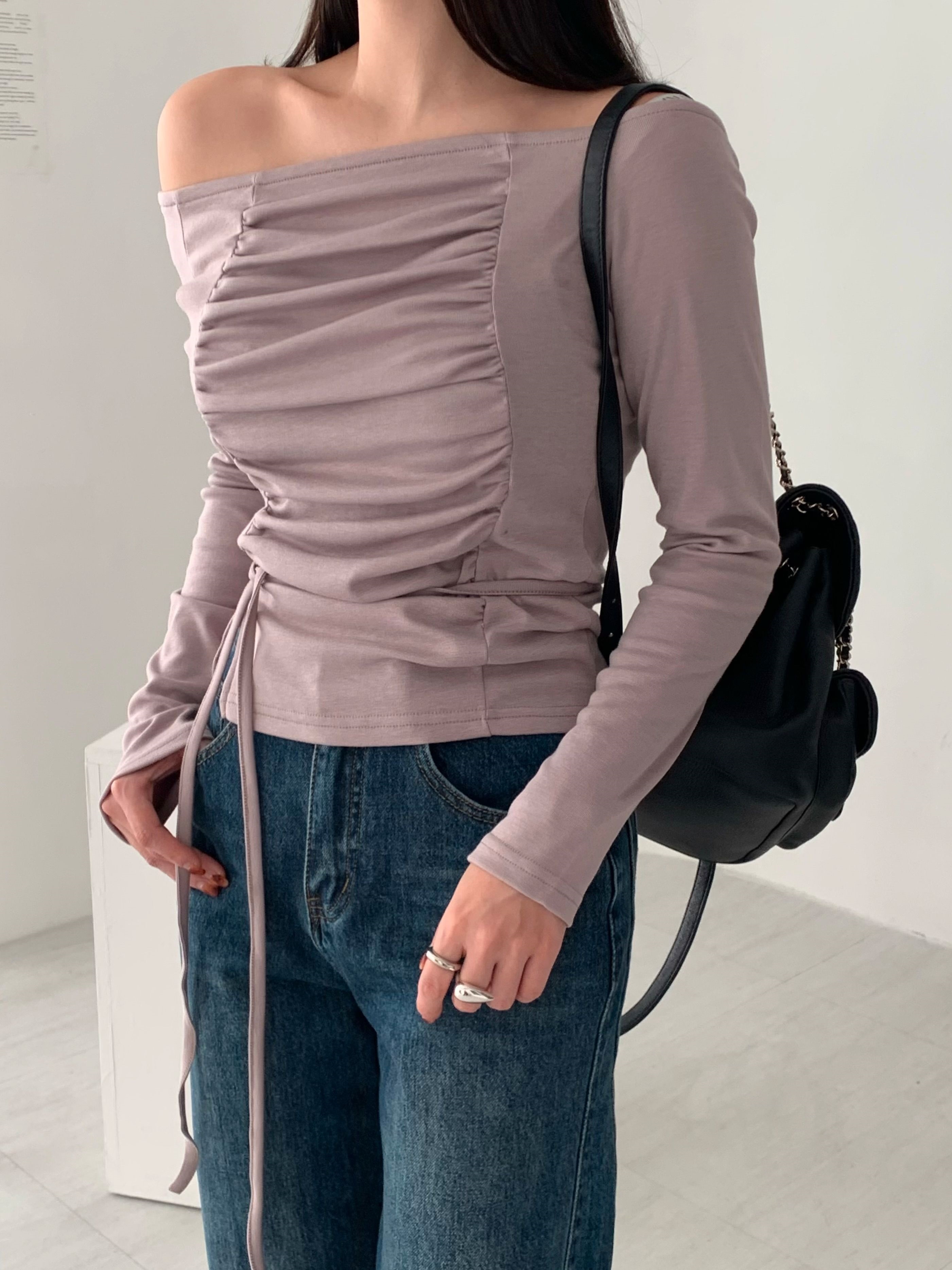 裏起毛オフショルダーシャーリングスリット長袖Tシャツストラップ付 | 詳細画像7