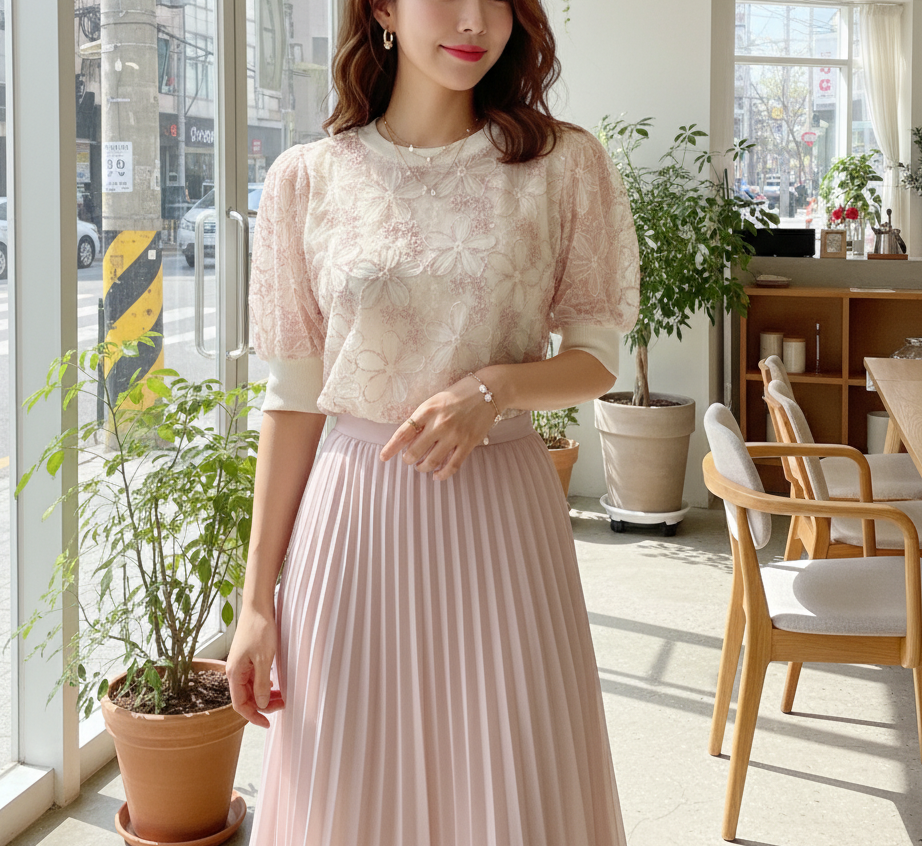 シースルースパンコールコンビ花柄レースラウンドネックパフスリーブルーズ半袖レースニット | 詳細画像2