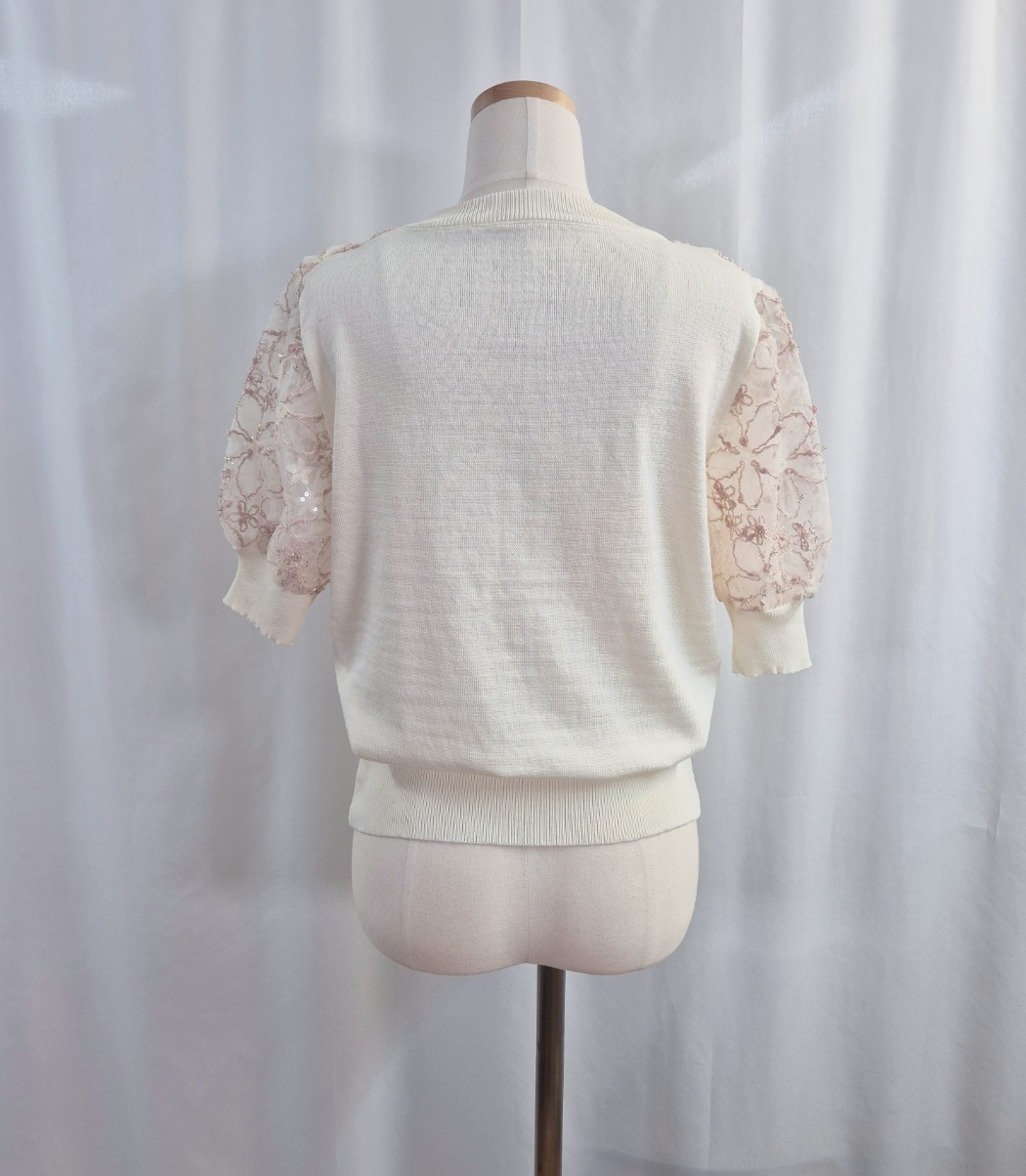 シースルースパンコールコンビ花柄レースラウンドネックパフスリーブルーズ半袖レースニット | 詳細画像13