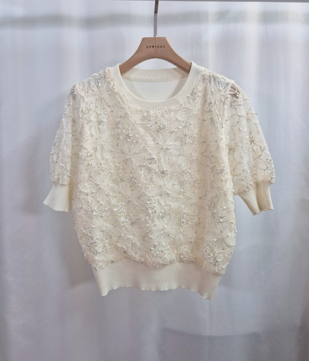 シースルースパンコールコンビ花柄レースラウンドネックパフスリーブルーズ半袖レースニット | 詳細画像7