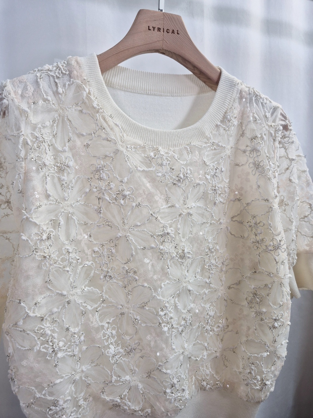 シースルースパンコールコンビ花柄レースラウンドネックパフスリーブルーズ半袖レースニット | 詳細画像8