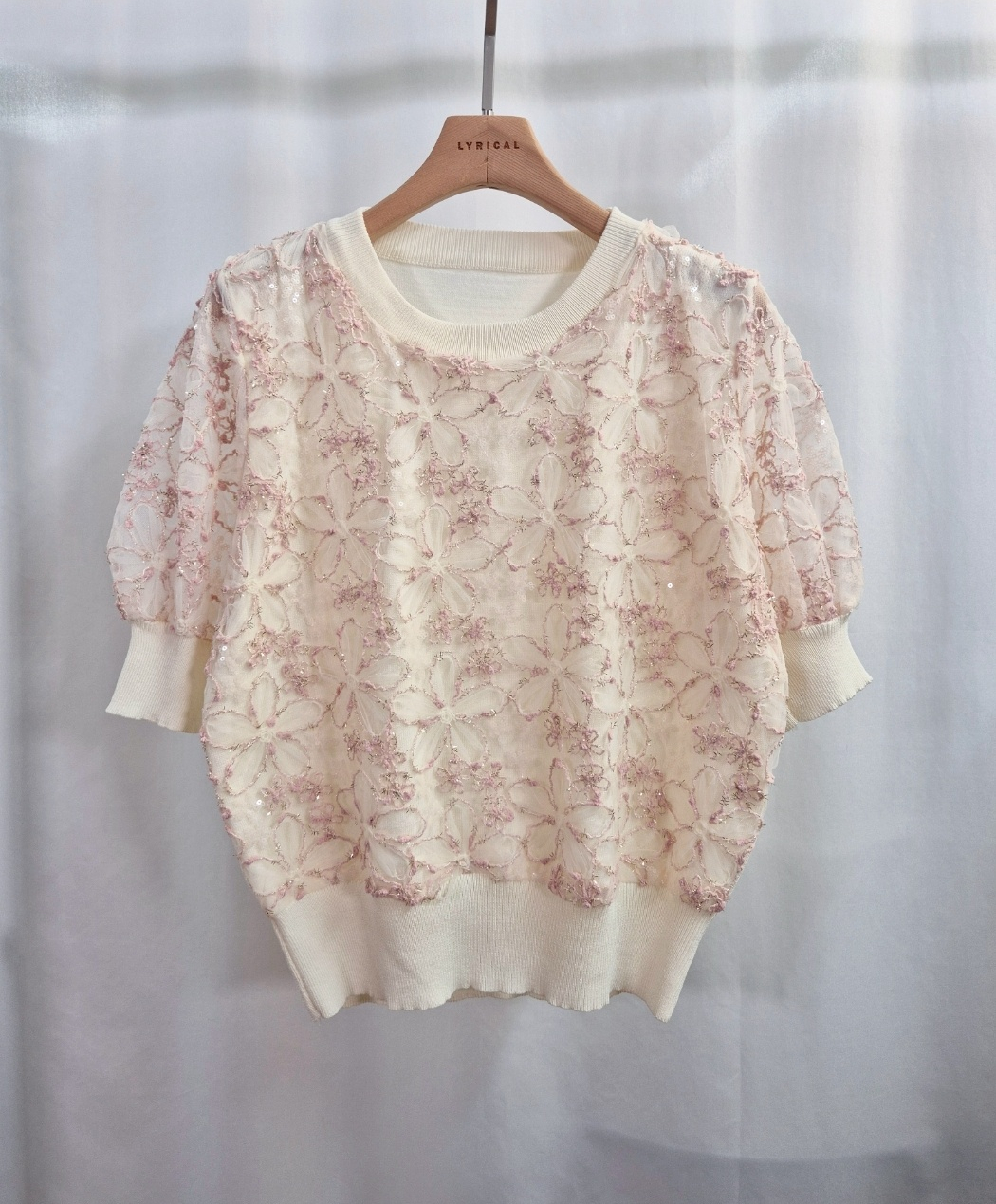 シースルースパンコールコンビ花柄レースラウンドネックパフスリーブルーズ半袖レースニット | 詳細画像9