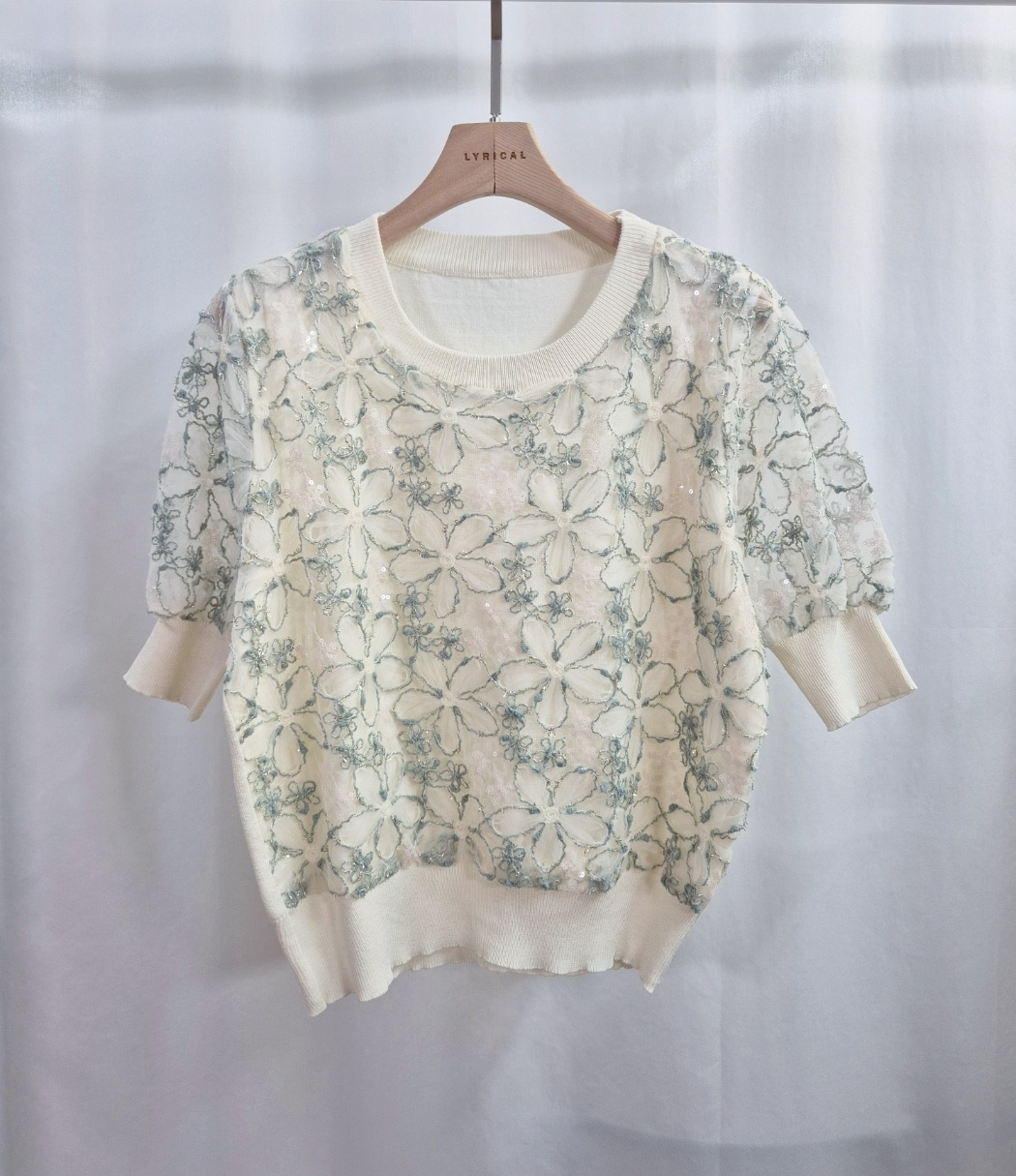 シースルースパンコールコンビ花柄レースラウンドネックパフスリーブルーズ半袖レースニット | 詳細画像10