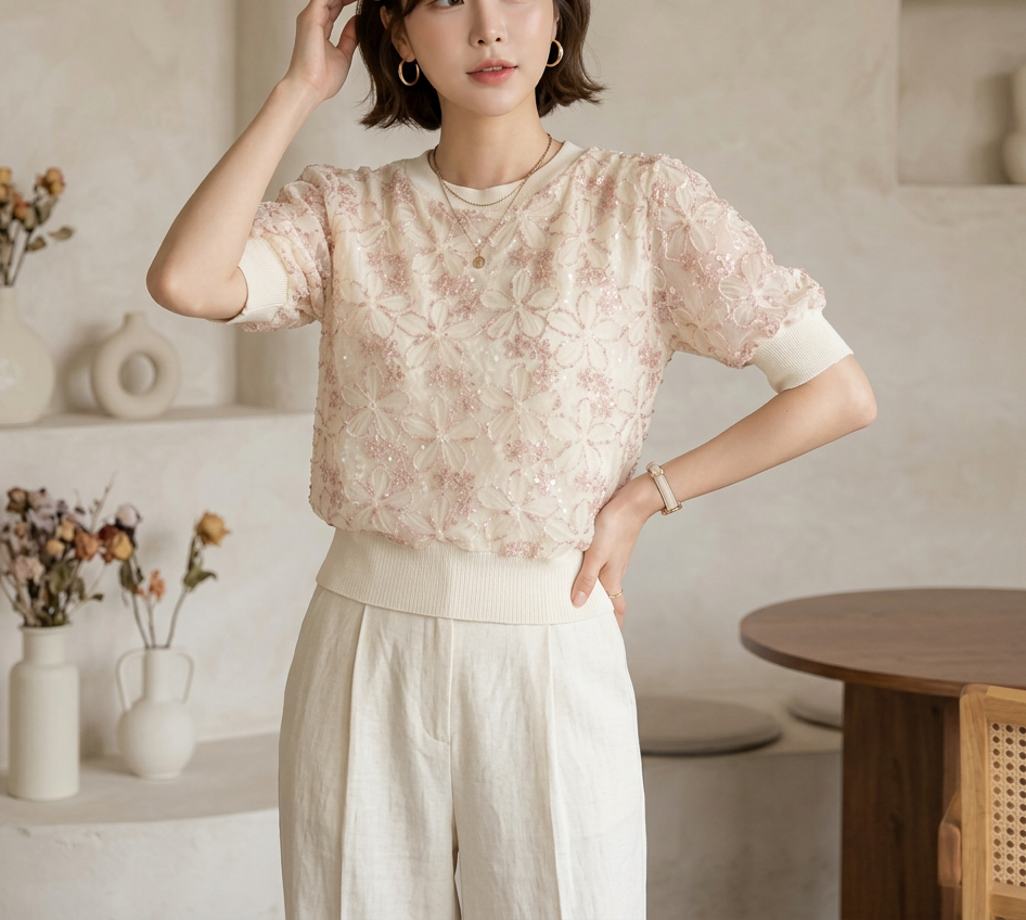 シースルースパンコールコンビ花柄レースラウンドネックパフスリーブルーズ半袖レースニット | 詳細画像3