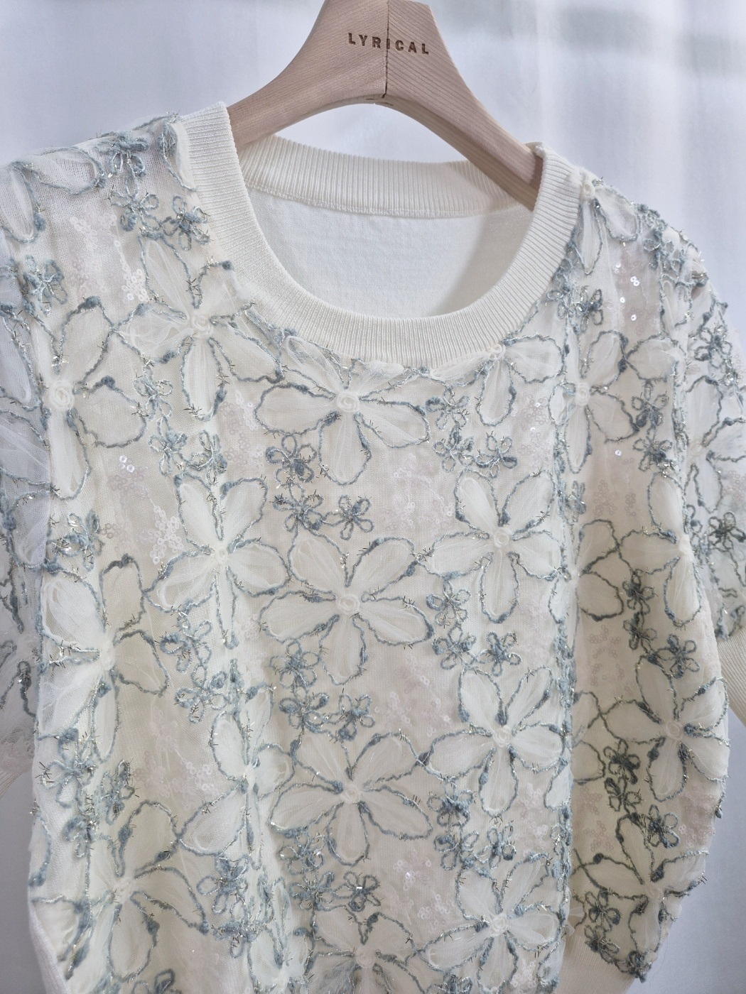 シースルースパンコールコンビ花柄レースラウンドネックパフスリーブルーズ半袖レースニット | 詳細画像11