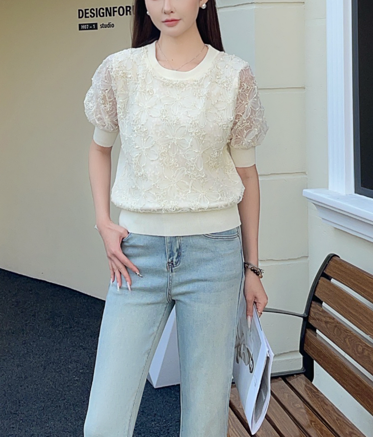 シースルースパンコールコンビ花柄レースラウンドネックパフスリーブルーズ半袖レースニット | 詳細画像5